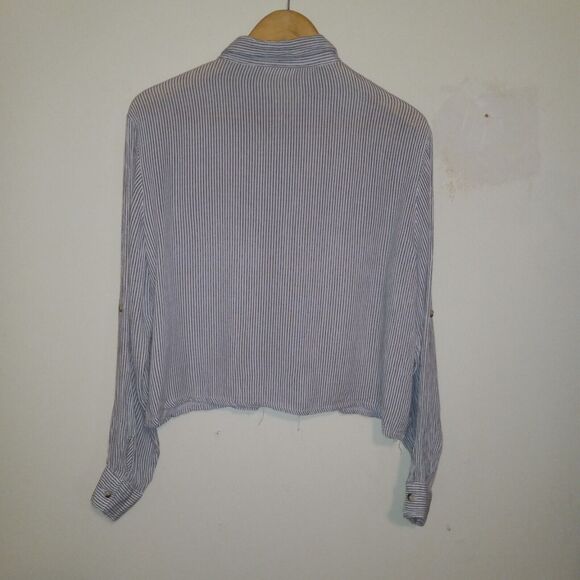 Sim & Sam Pinstripe Button Up Blouse-Large-Hidden Placket-Roll Tab Sleeve-Pocket - Picture 4 of 8